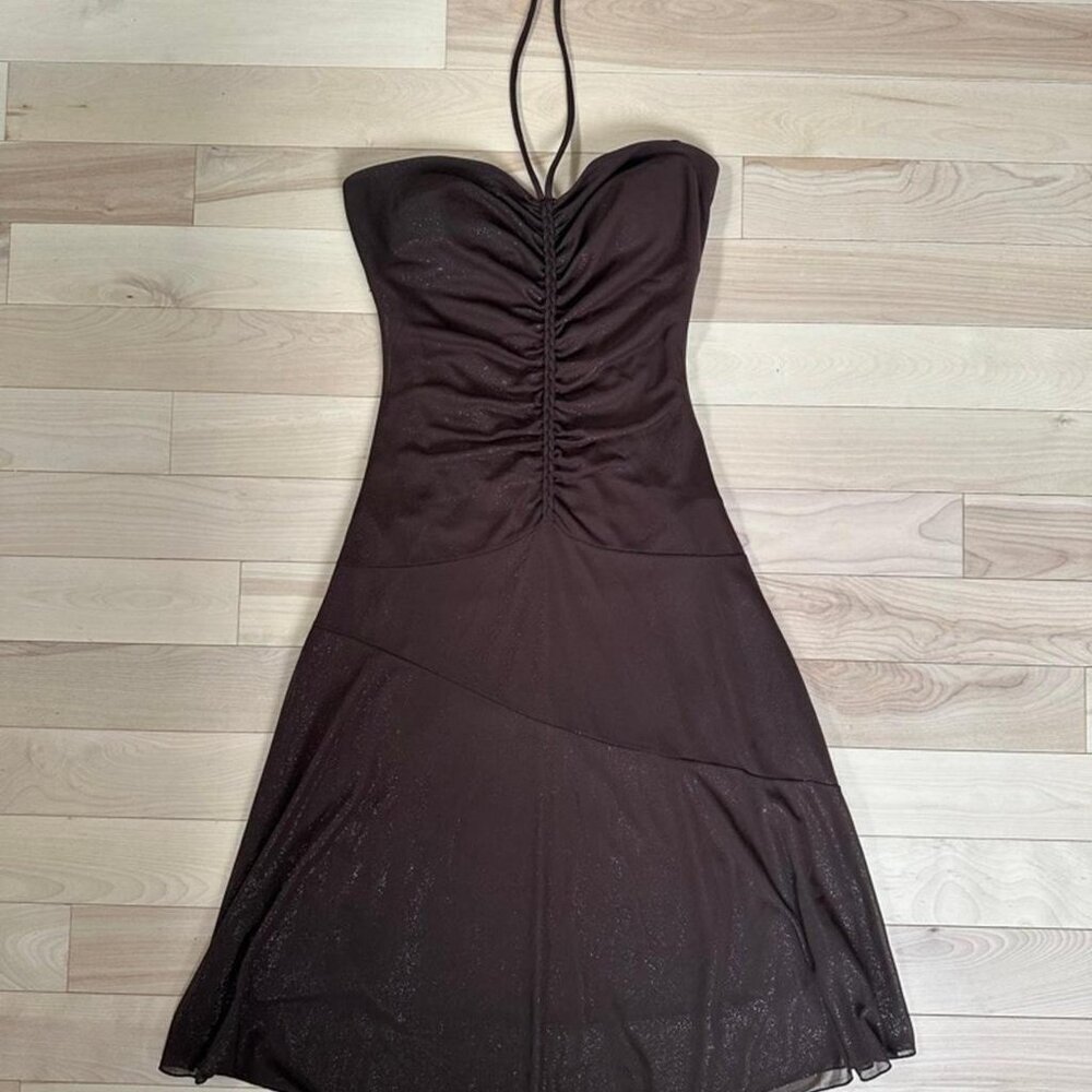 Strapless Ruched Brown Halter Prom Dress - Picture 2 of 9